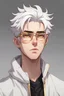 Placeholder: Anime Style, Young Adult Male/ Short, White Hair/ White Colored Eyebrows/ Golden Colored Eyes/ Wearing Glasses/