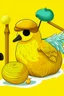 Placeholder: A fluf yellow ball with wings, a pipe, a graduation hay, and a bread.