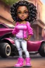 Placeholder: Create a digital airbrush cartoon of a curvy African American chibi female wearing tight white jeans and a off the shoulder hot pink blouse. She is also wearing timberland boots. Prominent make up with hazel eyes. Highly detailed very long extremely braids of black hair. Her skin is smooth and silky. Background of a track of ATV riders.