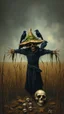 Placeholder: Bosch painting style nightmare with scarecrow wearing a leaves hat and black clothes in surrendered by field of barely , crows are standing on his shoulders and a skull on the ground