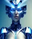 Placeholder: A beautiful portrait of a cute cyborg woman blue color scheme, high key lighting, volumetric light high details with white stripes and feathers and indian paterns and wimgs