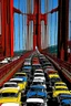 Placeholder: fotorealistisch bunt frontale Sicht auf Fahrbahn der Golden Gate Bridge vom Zentrum der Brückenfahrbahn aus, Horizont liegt beim unteren Drittel der Bildhöhe, ziemlicher Verkehr in beide Richtungen, ausschließlich amerikanische Autos mit Baujahren zwischen 1950 und 1960