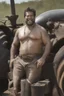 Placeholder: extreme close up photography of a ugly strong overweight 42 year old gipsy tractor driver shirtless in short pants to his tractor in the field , sunlight, manly chest, bullneck, big nose, short beard, angry eyes, tattoo, long curly hair, photorealistic, side light , frontal view from the ground, cinematic