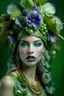 Placeholder: Beautiful young woman portrait adorned with lime fruit and minth leaves and lilac flower headdress baroque headdress, ribbed with minth green and lilac colour gradient mineral stone baroque beads wearing minth green ad lilac colour baroque stume ribbed with embossed minth leaves florals and floral Golden filigree costume and half face baroque masque organic bio spinal ribbed detail of baroque background extremely detailed hyperrealistic maximálist concept portrait art