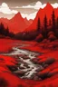 Placeholder: A picture all in red colors of a red water river, in middle of red grass and red woods, surrounded by huge mountains and a little red rock in the water, day, masterpiece, extreme quality, Bosch painting art style, high detailed, manga art style red sky