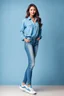 Placeholder: simple background a beautiful young lady wearing jean pants and blue blouse full body standing pose,sport shoes