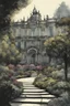 Placeholder: old photo style painting representing the king's gardens in the city of Laeken in Belgium, create in inkwash and watercolor, in the comic book art style of Mike Mignola, Bill Sienkiewicz and Jean Giraud Moebius, highly detailed, gritty textures, dramatic natural lighting