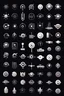 Placeholder: vector simple minimalistic monochromatic science-fiction techno cyberpunk icons and symbols in white color displayed on the black background