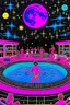 Placeholder: techno rave party in 80's with superstar dj playing and swimming pool on the moon full