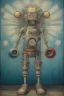 Placeholder: a mechanical man with fan in his chest , 2 light balls as eyes , 2 speakers as ears one refrigerate as head and 2 vacuums cleaners as legs , surreal, Van Gogh, Busch painting style