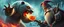Placeholder: epic movie poster, fire drop polar bear vampire grabbed by throat vs gnome goblin rock priest, fish eye lense