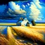 Placeholder: farmhouse and barn with a ripe wheat field next to it. The ears of corn bend in the wind, the sky is bright blue with lovely fluffy clouds. Modifiers: fantasy oil on canvas beautiful high detail ultra detailed crisp quality Guido Borelli da Caluso Leonid Afremov Alex Alemany Sherry Akrami © Crystaldelic