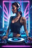 Placeholder: Photograph beautiful woman with headphones playing music on a turntable, dj rave party, album art for a trance dj, synthwave image, headphones dj rave, girl wearing headphones, dj, wonderfull techno party, cgsociety 9, trending digital art, edm, beauty woman in holograms, dj at a party, 3d digital art 4k, dance music show