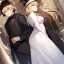 Placeholder: anime couple is standing back to back, female is wearing a flowing white dress, female is short, female has long blonde hair, male is tall, male is wearing black coat, hat and has dark brown hair