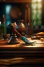 Placeholder: tomahawk on teak table, in the style of fantasy movies, photorealistic, shot on Hasselblad h6d-400c, zeiss prime lens, bokeh like f/0.8, tilt-shift lens 8k, high detail, smooth render, unreal engine 5, cinema 4d, HDR, dust effect, vivid colors