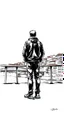 Placeholder: a man standing on Porto bridge, ink drawing style