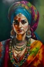 Placeholder: Portrait of Pakistani woman in colorful turban and loads of jewellery style of painting of tuluse latrec