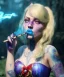 Placeholder: Ultra realistic wonderland photo, happy blonde woman smoking a shisha, blue dress, big purple-cat friend, circus dress style, old school tattoo, smoke, marijuana garden, glow eyes, perfect iris, soft color, highly detailed, unreal engine 5, cinematic, ultra detail, volumetric lighting, high definition.