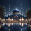 Placeholder: Hyper realistic beautiful navy-blue coloured mosque in a dark rainy night with water fountains