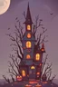 Placeholder: :: Illustrate a charming and whimsical haunted house scene with cute witch, quirky pumpkins, and scary owl, all surrounded by a moonlit sky