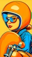 Placeholder: woman wearing a helmet and sunglasses on a vespa motorcycle, Dahlov Ipcar posters, behance contest winner, retrofuturism, poster art, behance hd, dystopian art, art deco, 1950s, orange, blue, posters, portrait, face to face