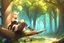 Placeholder: Yellow hair, girl, sit on tree, raccoon tail, forest