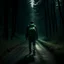 Placeholder: a lonely figure with a backpack, leaving a metropole, on a road, into a forest, photo quality, dark green light