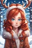 Placeholder: red haired girl in a tawny reindeer onesie with antlers blue eyes looking over shoulder towards viewer snowy background in the style of Chibi and modern cartoon and video game chaarcter