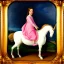 Placeholder: Retrato de una pre adolescente muy guapa llamada Eira Santiago Arnau montando un unicornio rosa con el estilo de Diego Velázquez