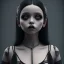 Placeholder: Jenna ortega black dress,soft goth libstick, wednesday addams family make up, long hair, brad double wig, addams family style, highly detailed, volumetric lighting, unreal engine, 8k