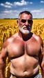 Placeholder: full body shot photography of a relaxing tired burly beefy neapolitan farmer 50 years old under the sun sitting down in a wheat field, dirty, ugly, manly chest, sweat, with the shirt open, boxer, bulge, view from the ground, 35mm lens , misery and poverty, countryside,