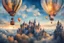 Placeholder: Medieval air balloons, magic , Castle, steam power, evening time , sun set, blue sky, dynamic white clouds, magnificent, vibrant, hdr, 4k, 8k, watercolour , low angle shot, aesthetic, Mysterious sketch, gustav klimt