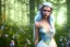 Placeholder: Fantasy cute elf with transparent wings, smiling, make up, long blond platinum hair, blue eyes, crown, beautiful dress, flowers and forest in background, HQ, unity engine