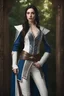 Placeholder: pale skin, Realistic photography, realism, female half elf, beautiful, young, dark hair, long and subtle stylish layer straight hair style, front view, intricate white leather armor with blue streaks, dark aristocrat pants, standing, blue detailed plating, detailed part, brown dark eyes, green garden background behind window, dawn, full body shot, looking at viewer, detailed eyes, hands behind her back