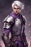 Placeholder: a young and fitness twenty eight years old male noble-warrior with white short hair e purple eyes. He wears a leather armor and wields a two-handed falchion