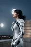 Placeholder: Photo Of A slim Woman With Black Hair, Wearing An android-looking suit, standing sideways On A Ledge of a building, With A waning moon Behind Her Head