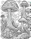 Placeholder: fantasy mushroom world minimalistic landscape. line art, background, vector, svg, coloring book page style, black outline on white background