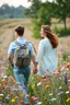 Placeholder: young sweet couple bagbacker happy walking and smiling in Realistic photography of a field of wildflowers, soft natural lighting, vibrant colors, intricate details,peaceful and serene atmosphere.