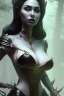 Placeholder: Vivian Wood as evil queen in black leather, busty, cleavage, dominatrix, curvy, angry, stern look. character design by cory loftis, fenghua zhong, ryohei hase, ismail inceoglu and ruan jia. unreal engine 5, artistic lighting, highly detailed, photorealistic, fantasy