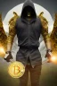 Placeholder: running berserker portrait , no face, black jogging suite , in the night Alps , holding bitcoin , angels background, volumetric gold light, high detail, dark leaf tree, dark mountains in background, perfect