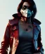 Placeholder: A badass Sofia Buttela wearing a scream mask, atmospheric, realistic, red leather trench coat, unreal engine, cinematic lighting, octane render.