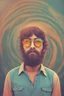 Placeholder: hippie young man with glasses of colours and poor and short short short and poor hair on the head with receding hairline. Farsightedness glasses with big eyes. Shirt beard in the head. Vintage look and feel like photo style-of the 70s