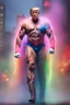 Placeholder: Extremely Muscular, Donald Trump as 'Maga Man,' Extremely Muscular, overly exaggerated muscles, Skintight, formfitting bodysuit, cape, boots, Multicolored vortex, multicolored lightning, neon lit futuristic cityscape, mist, fog, speed, extremely overexaggerated musculature, "MAGA MAN"