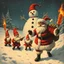 Placeholder: there is no kebabs at christmas, evil Santa, evil gnomes running around, flaming eyes, evil Rudolf, very big evil Frosty the snowman in background, kebabs and kebab, 1940 christmas postcard