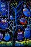 Placeholder: A blackish blue violet mysterious thicket with owls painted by Joan Miro