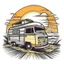 Placeholder: A retro camper van parked by the ocean, nostalgic, carefree, golden hour lighting, T-shirt design graphic, vector, contour, white background.