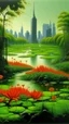 Placeholder: A green swamp with fiery orange lilies near a city painted by Frank Wilson