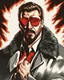 Placeholder: a young man with big muscles who looks like hans gruber wearing a heavy coat and red sunglasses staring with an irritated look on his face standing in front of a large fire