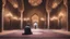 Placeholder: Hyper Realistic man praying in sajda inside a beautifully crafted mosque with fancy walls & pillars, chandeliers & beautiful carpet at night