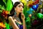 Placeholder: brunette woman in coloured glass gress set with gemstones, glittering metal stems and gemstone leaves in a flowergarden sharp focus elegant extremely detailed intricate very attractive beautiful dynamic lighting fantastic view crisp quality exquisite detail in the sunshine gems and jewels